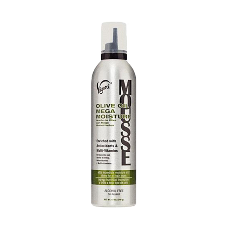 Vigorol olive oil hair mousse bottle with mega moisture formula enriched with antioxidants and vitamins