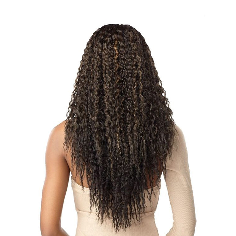 SENSATIONNEL back view Cloud 9 synthetic lace front wig long dark brown curly textured mid back length