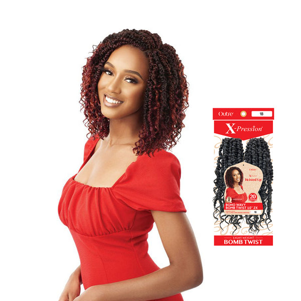OUTRE boho wavy bombtwist hair braid in black with hints of red worn by smiling woman in red dress
