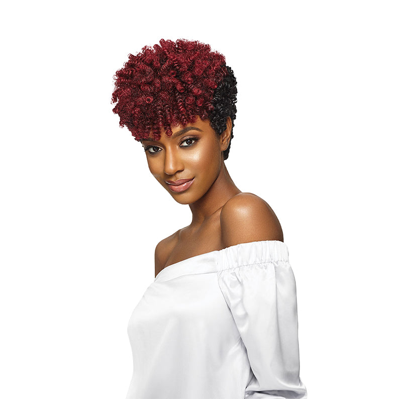 Woman with short curly hair styled using OUTRE X-Pression Curlette Small braiding hair in red and black