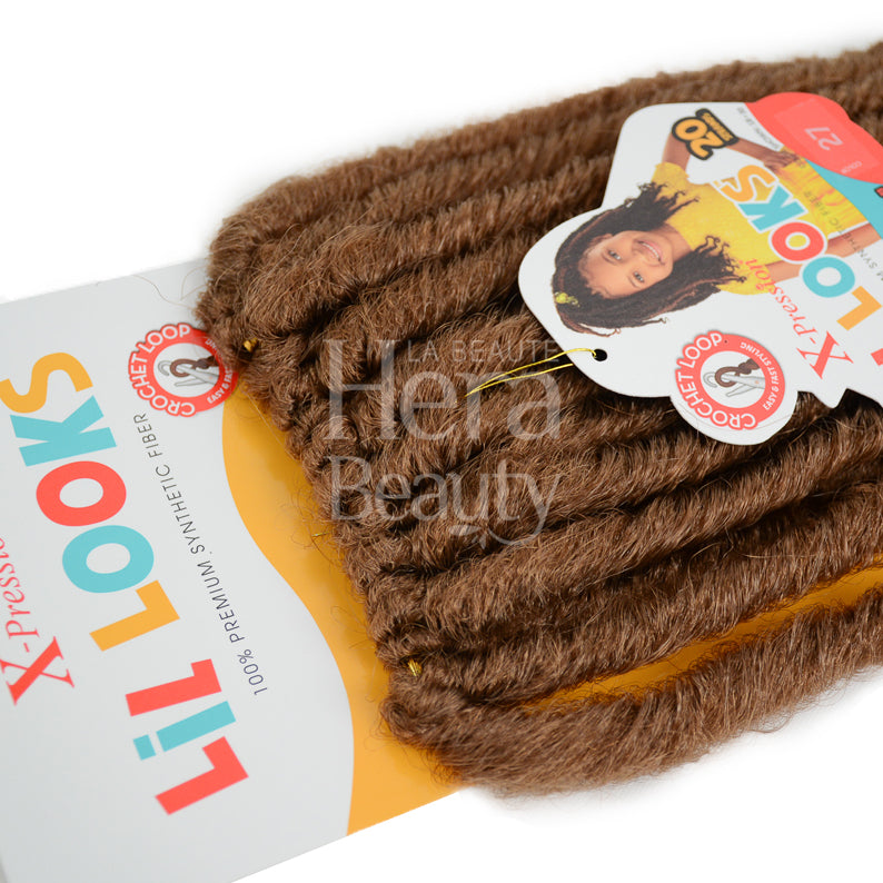 OUTRE Lil Looks brown braid pack showing kids Bahama locs hair extensions on white packaging