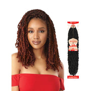 OUTRE wavy bomb twist crochet braids in black shown on model with red off shoulder top