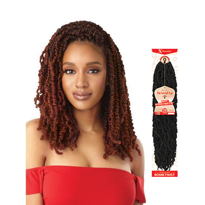 OUTRE wavy bomb twist crochet braids in black shown on model with red off shoulder top