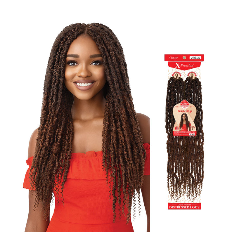 OUTRE 24 inch crochet locs hair in dark brown twist braid style worn by woman in red dress