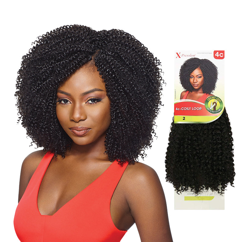 OUTRE 4C coily looped braiding hair shown on a woman and in packaging in black color